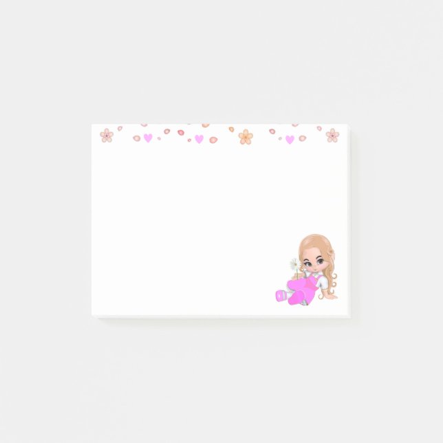 Cute Fairy and Flowers on White Post-it Notes (Front)