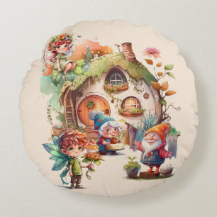 Cute Fairy And Gnome Round Pillow Wonderland