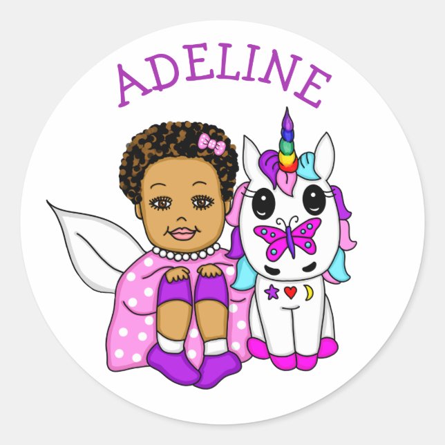 Cute Fairy and her Unicorn Personalised Name    Classic Round Sticker (Front)