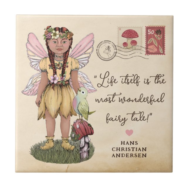 Cute Fairy and Mushroom Inspirational Quote Ceramic Tile (Front)