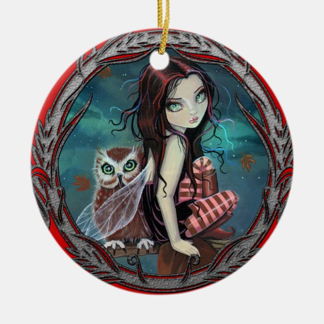 Cute Fairy and Owl Fantasy Art Ceramic Ornament (Front)