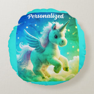 Cute Fairy Baby Unicorn green Sparkling Fantasy Round Cushion