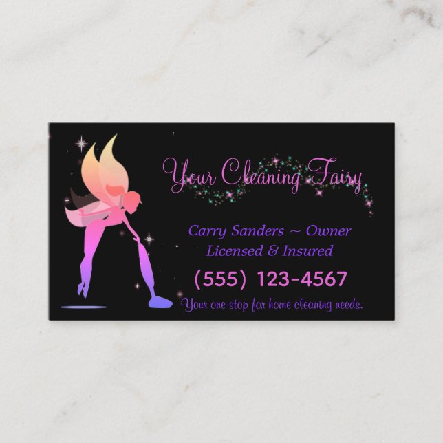 Cute Fairy Black House Cleaning Service Business Card (Front)