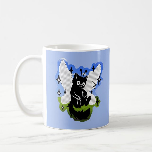 Cute Fairy Cat Black Kitty Whimsical Blue Computer Coffee Mug (Left)