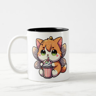 Cute fairy cat drinking milkshake  Two-Tone coffee mug