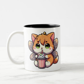 Cute fairy cat drinking milkshake Two-Tone coffee mug