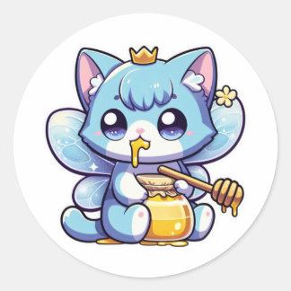 Cute fairy cat eating raw honey  classic round sticker