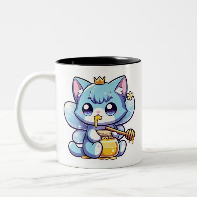 Cute fairy cat eating raw honey  Two-Tone coffee mug (Left)