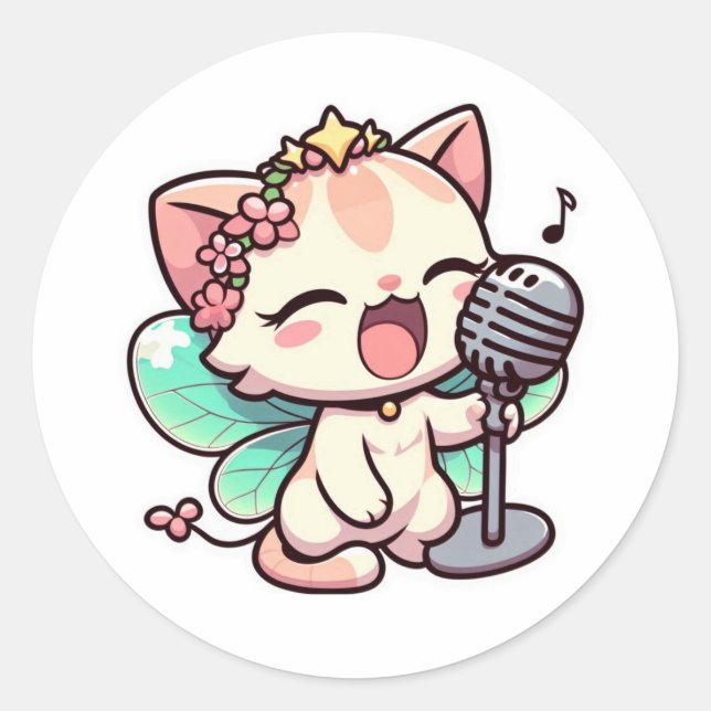 Cute fairy cat singing  classic round sticker (Front)
