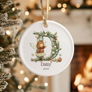 Cute Fairy Christmas Initial Personalised Holiday Ceramic Ornament