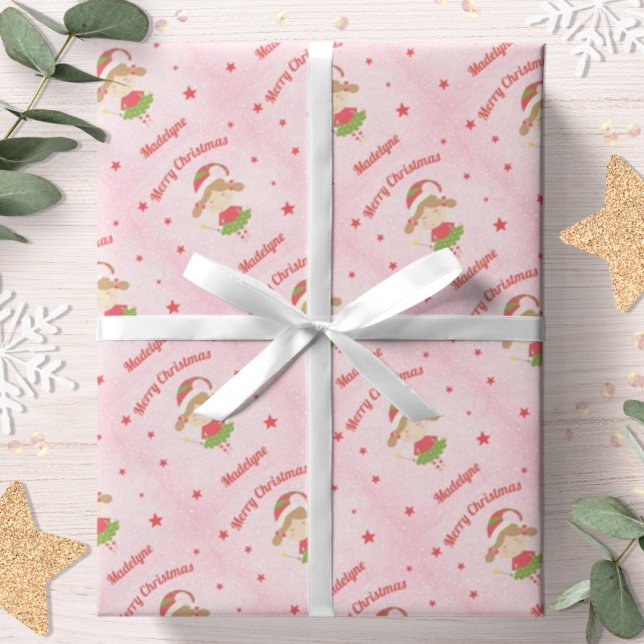 Cute Fairy Christmas Pink Snow Personalised Wrapping Paper (Creator Uploaded)