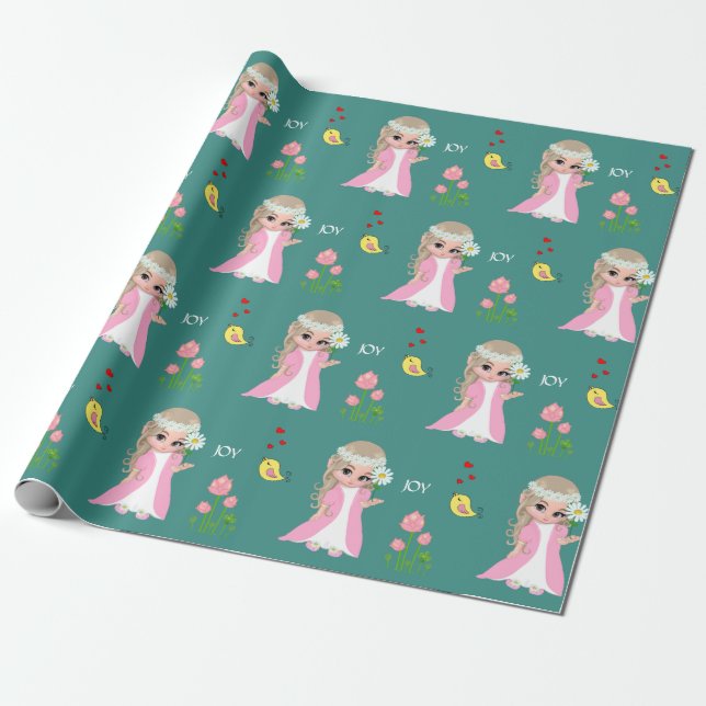 Cute Fairy Elf and Flowers on Teal Wrapping Paper (Unrolled)