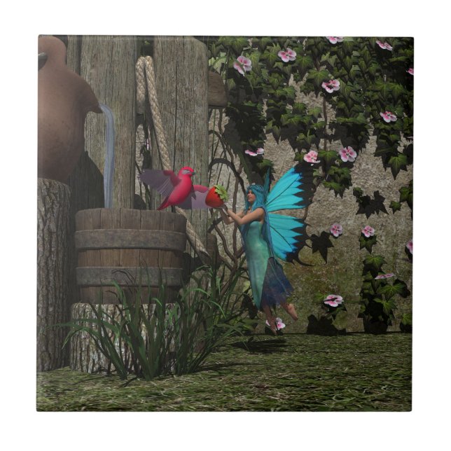 Cute Fairy Feeding a Bird Ceramic Tile (Front)