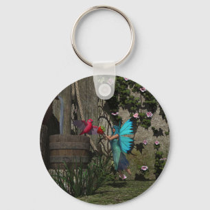 Cute Fairy Feeding a Bird Key Ring