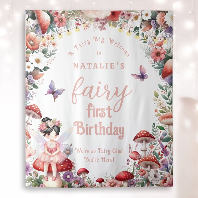Cute Fairy First Birthday Party Welcome Backdrop Tapestry (Fairy First Birthday Welcome Backdrop with Black Hair Fairy Girl and Enchanted Garden.)