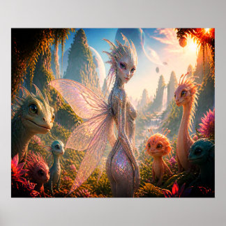 Cute Fairy + Friends Standing In The Forest Wall Poster