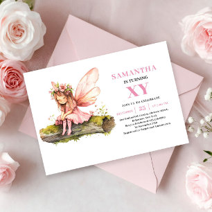 Cute Fairy Girl 5th Birthday Pink Floral invite
