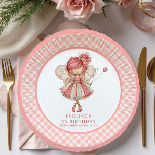 Cute Fairy Girl 5th Birthday Pink Flowers paper Plate