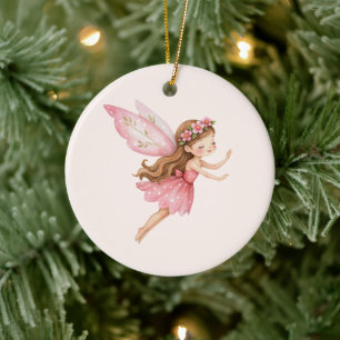 Cute Fairy Girl in a Pink Dress Whimsical Ceramic Ornament