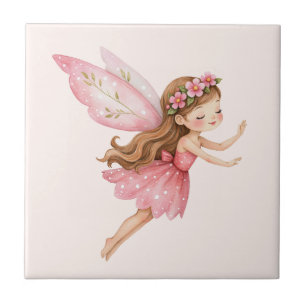 Cute Fairy Girl in a Pink Dress Whimsical Ceramic Tile