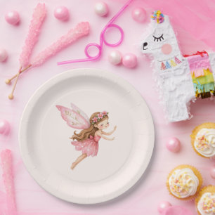 Cute Fairy Girl in a Pink Dress Whimsical Paper Plate