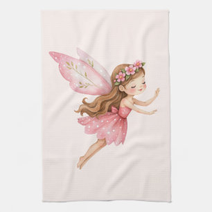Cute Fairy Girl in a Pink Dress Whimsical Tea Towel