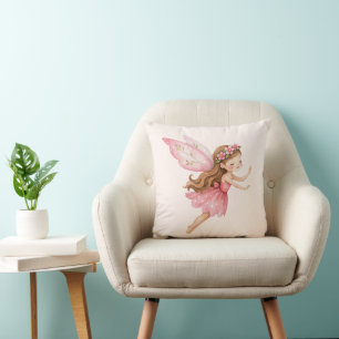 Cute Fairy Girl in Pink Dress Whimsical Cushion