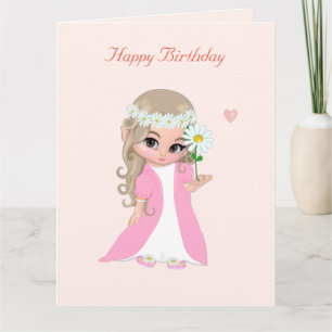 Cute Fairy Girl on Light Pink Birthday Card