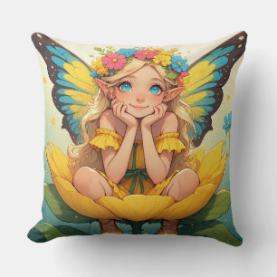 Cute Fairy Girl With Wings On Yellow Flower Scene Cushion
