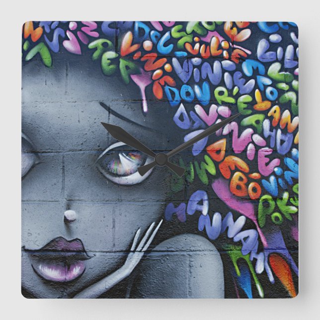Cute Fairy Graffiti Square Wall Clock (Front)