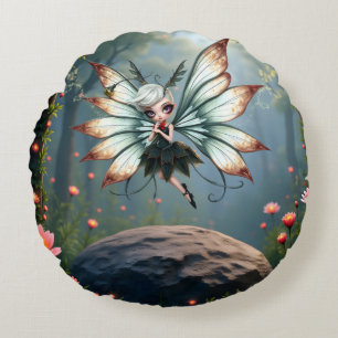 Cute Fairy Guardian in Magical Forest Round Cushion