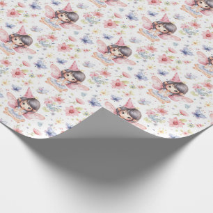 Cute Fairy in Birthday Hat, Flowers, Butterflies Wrapping Paper