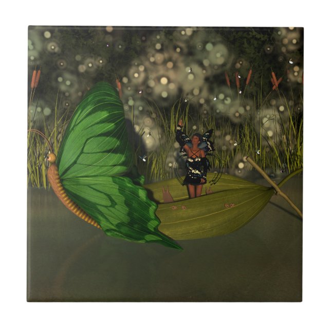 Cute Fairy in Boat with Fireflies Ceramic Tile (Front)