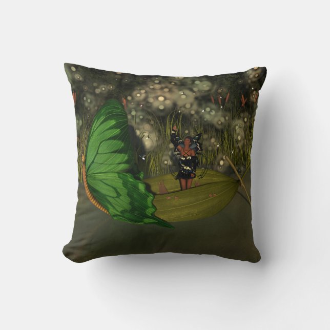 Cute Fairy in Boat with Fireflies Cushion (Front)