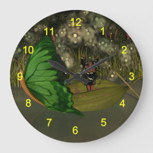 Cute Fairy in Boat with Fireflies Large Clock