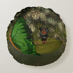 Cute Fairy in Boat with Fireflies Round Cushion