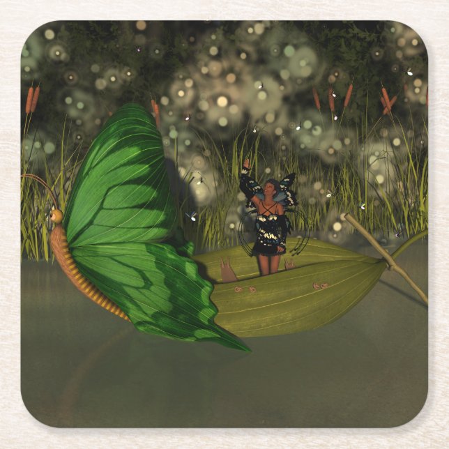 Cute Fairy in Boat with Fireflies Square Paper Coaster (Front)