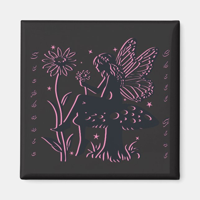 Cute Fairy Mushroom and Flower Black & Pink Magnet (Front)