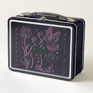 Cute Fairy Mushroom and Flower Black & Pink Metal Lunch Box