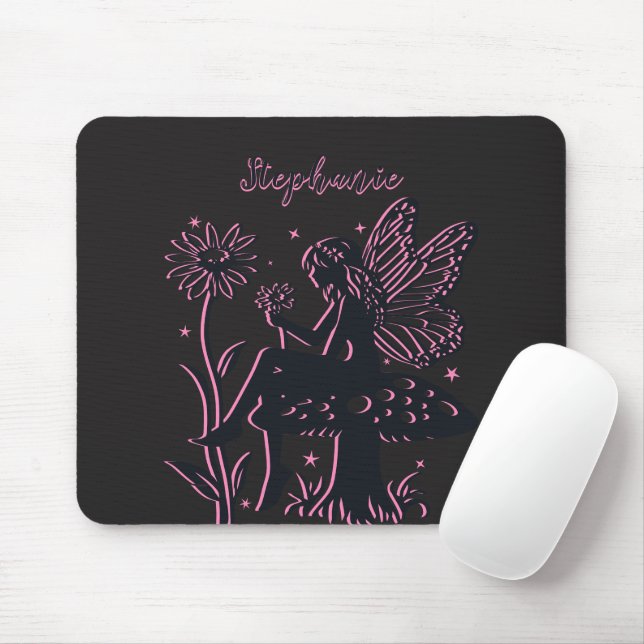 Cute Fairy Mushroom and Flower Black & Pink Mouse Pad (With Mouse)