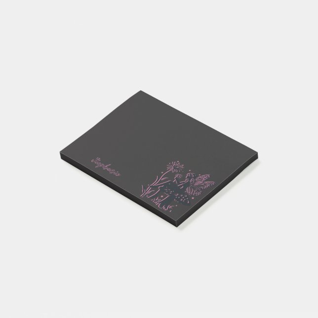 Cute Fairy Mushroom and Flower Black & Pink Post-it Notes (Angled)