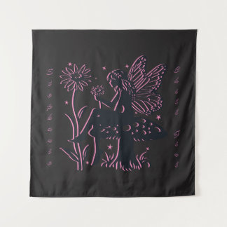 Cute Fairy Mushroom and Flower Black & Pink Tapestry