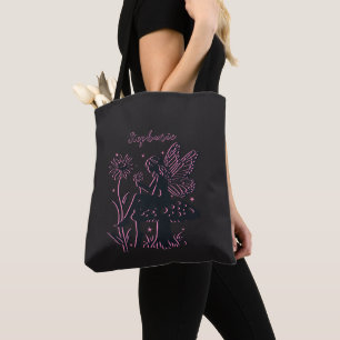 Cute Fairy Mushroom and Flower Black & Pink Tote Bag
