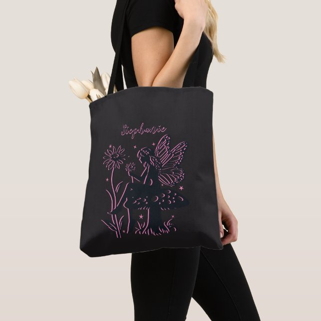 Cute Fairy Mushroom and Flower Black & Pink Tote Bag (Close Up)