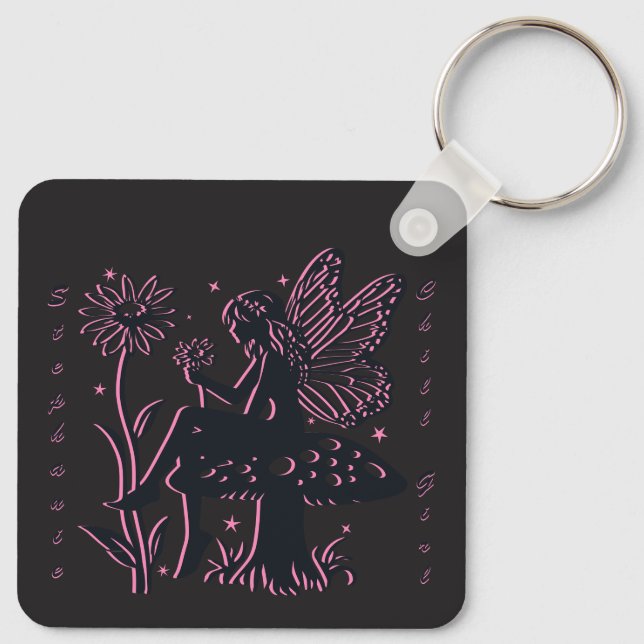 Cute Fairy Mushroom and Flower Chill Girl Key Ring (Back)