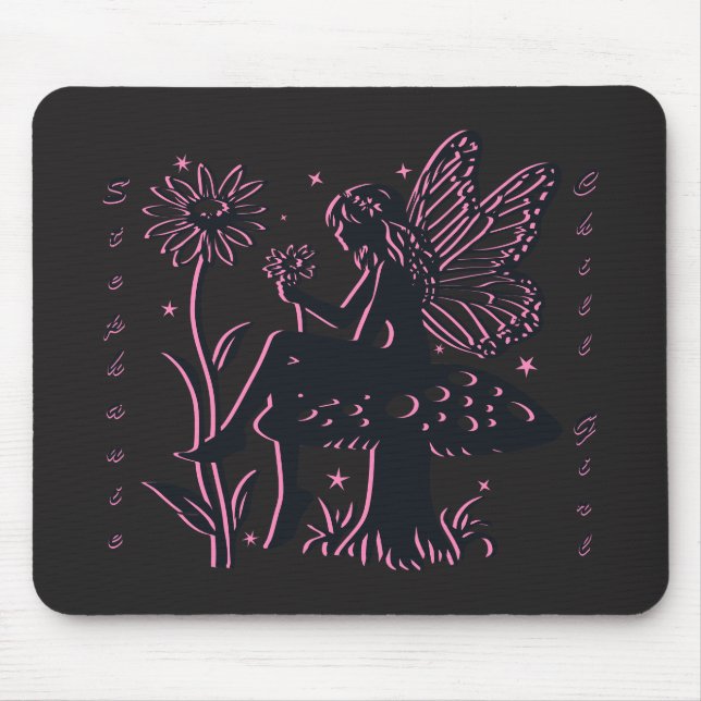 Cute Fairy Mushroom and Flower Chill Girl Mouse Pad (Front)