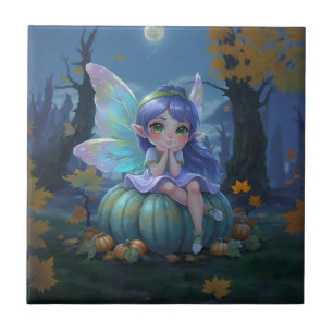 Cute Fairy on a Blue Pumpkin Ceramic Tile
