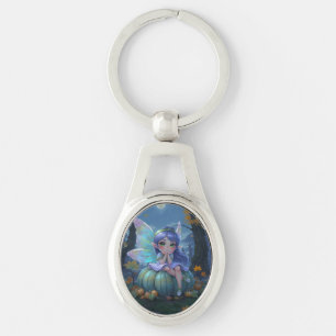 Cute Fairy on a Blue Pumpkin Key Ring