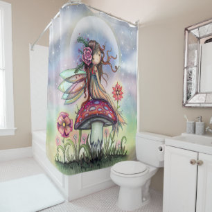 Cute Fairy on Mushroom and Full Moon Art Shower Curtain