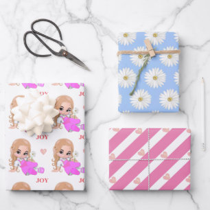 Cute Fairy, Pink Heart and Daisy Flowers Wrapping Paper Sheet